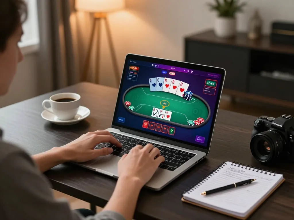 Player engaging with lc88 poker game interface on a stylish desk.