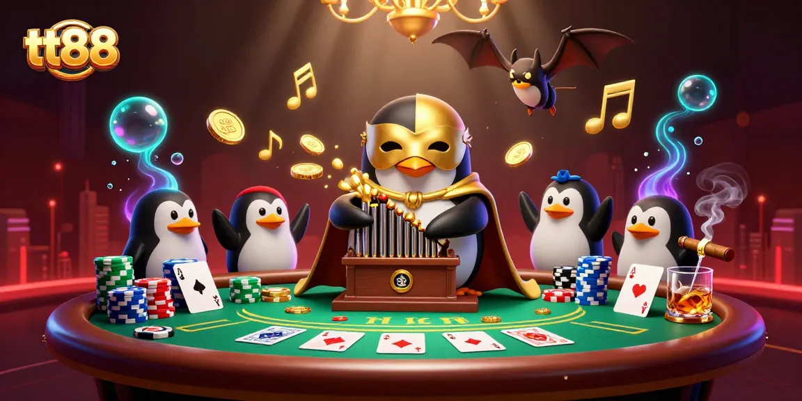 Engaging scene with tt88 penguin organist and vibrant casino atmosphere filled with poker elements.