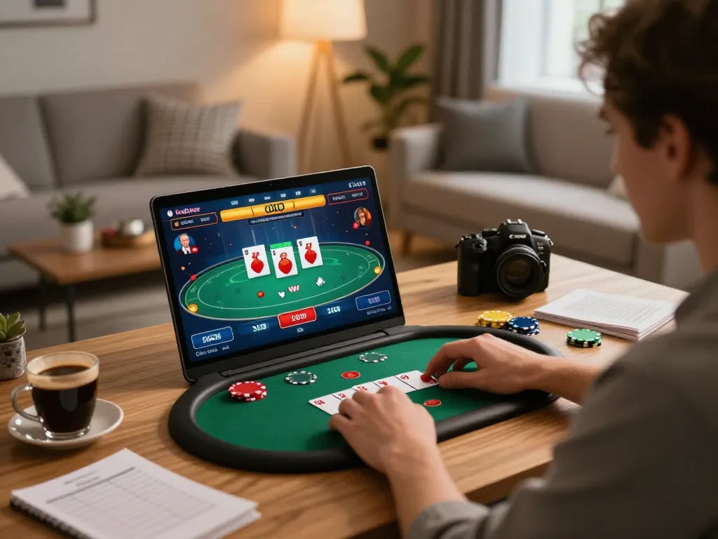 The scene depicts a person engaged in online gambling with a laptop, exploring 88คลับ poker strategies at home.