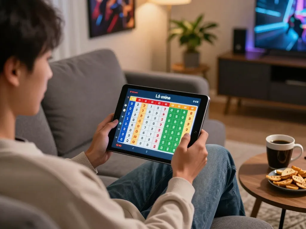 Excited player engaging in lô đề online on a tablet in a cozy home setting.