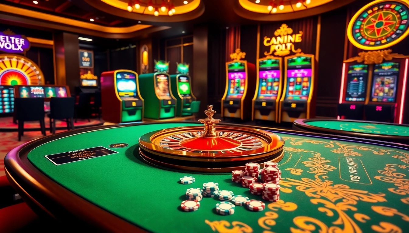 Experience excitement at kkwin's glamorous casino tables with vibrant slot machines and poker chips.