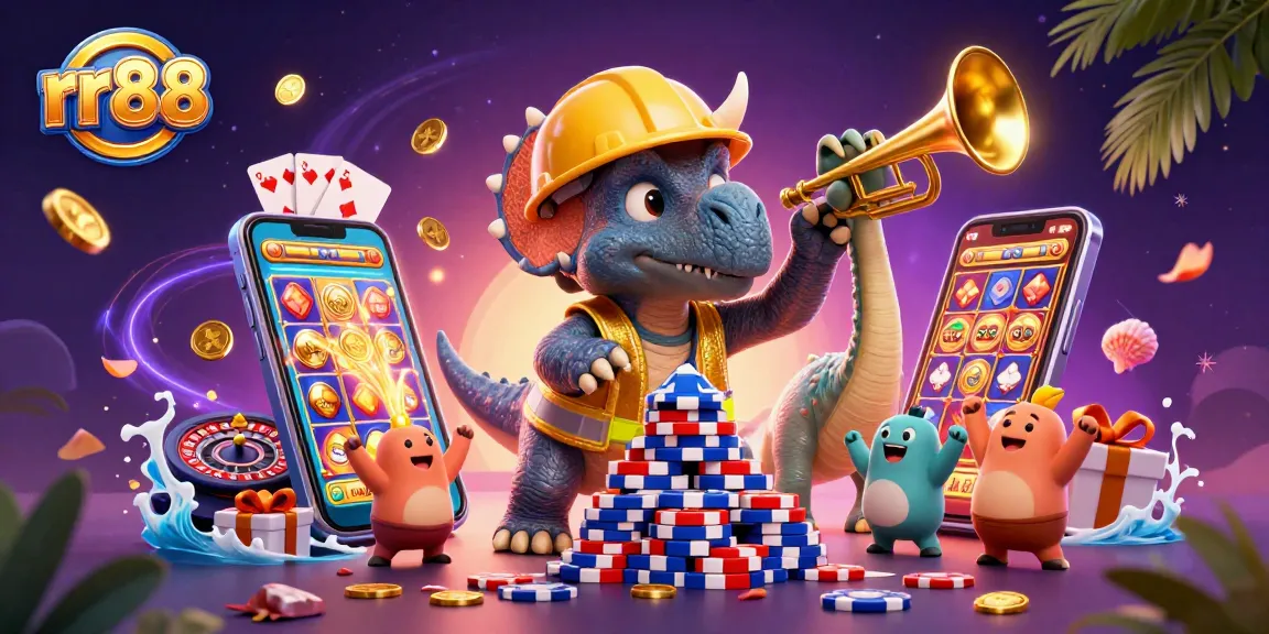 Experience the excitement of rr88 with vibrant slot games, poker chips, and cheerful characters celebrating wins.