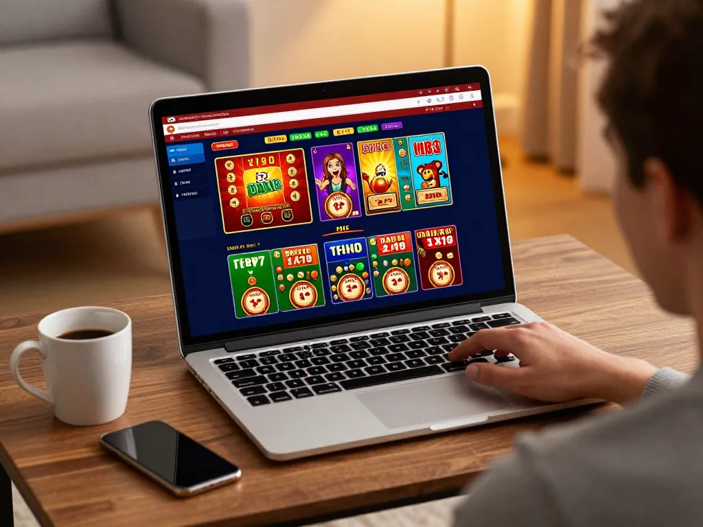 Playing online casino games at home with luck8mb, showcasing exciting gameplay on a laptop screen.