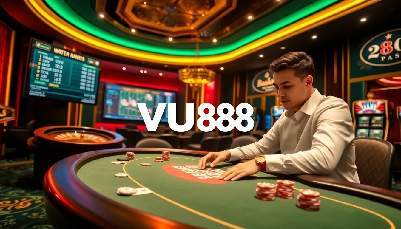 Experience excitement at VU88 with a professional poker game surrounded by luxury casino elements.