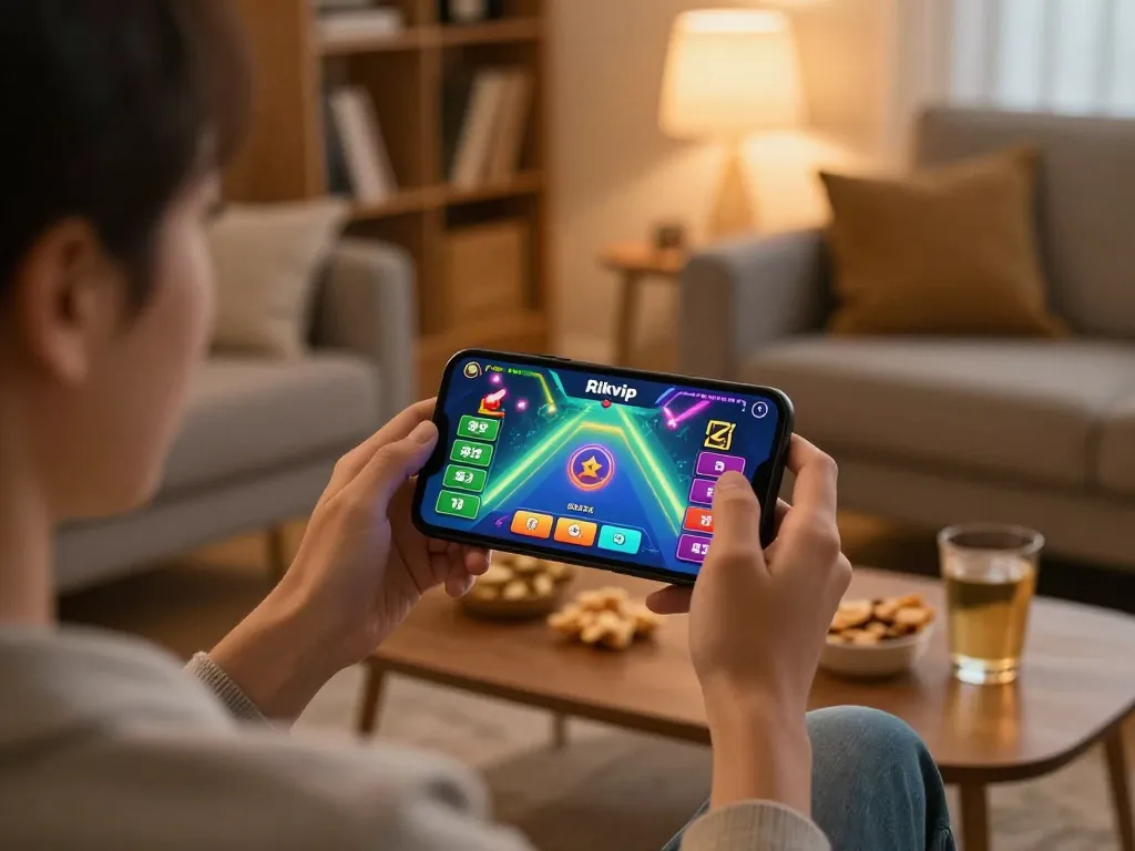Engaging in online gaming with the Rikvip app, showcasing mobile betting excitement and cozy atmosphere.