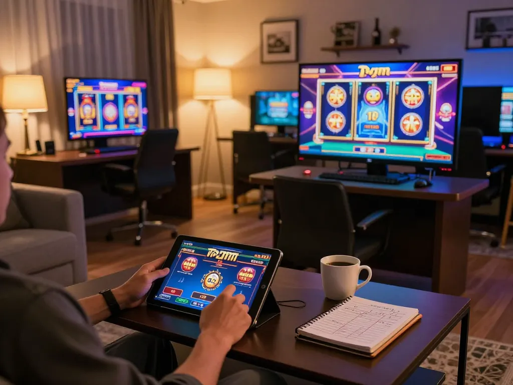Player strategizing winnings at 3win online casino on a tablet in a cozy living room