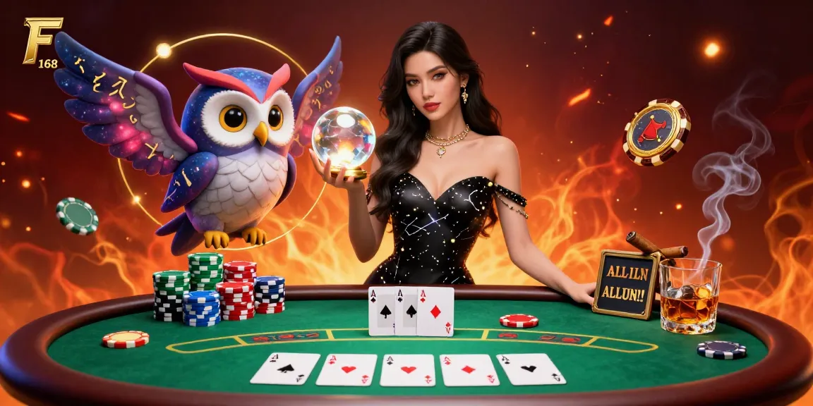 Engage in thrilling poker action at F 168, featuring vibrant chips and a mystical atmosphere.
