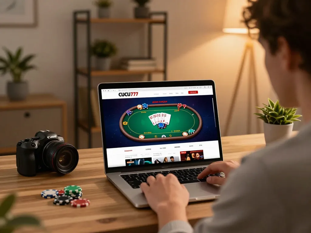 Player enjoying a strategic online poker game on CUCU777 at home, showcasing the fun of virtual gambling.