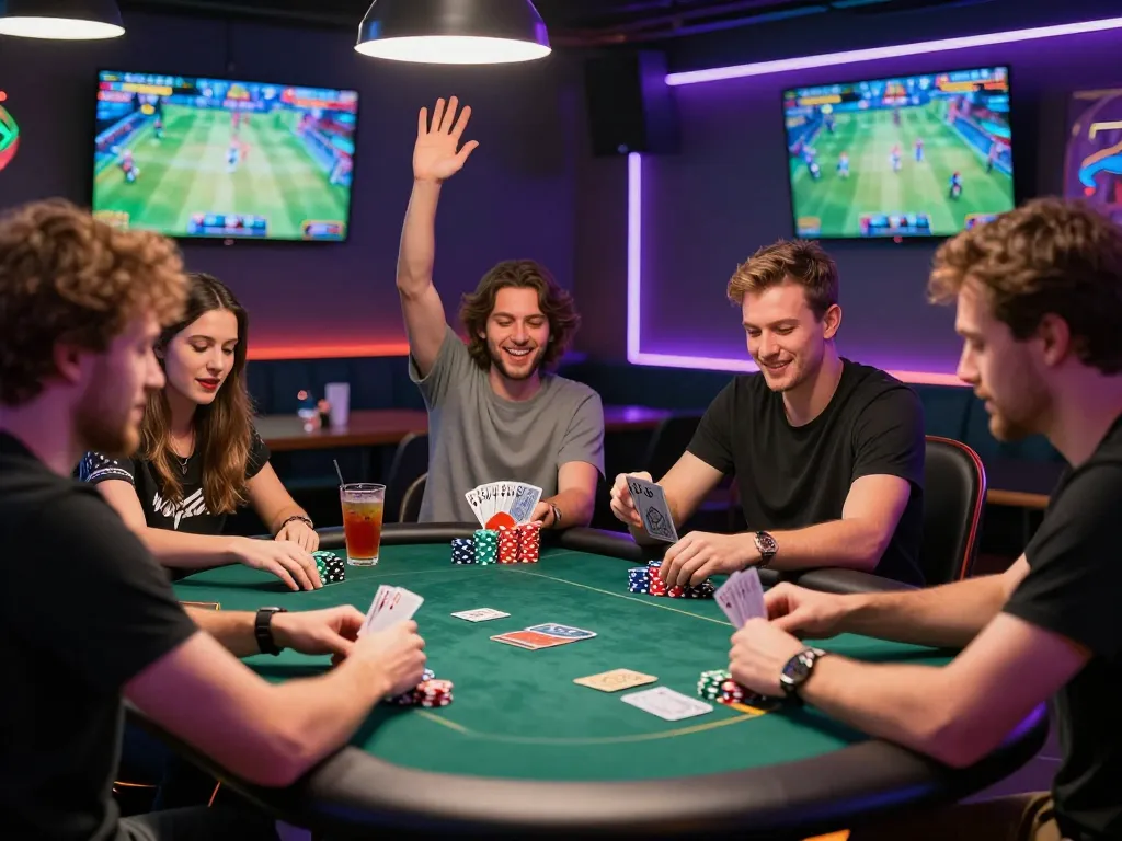 Exciting gi8 online gaming scene with friends celebrating a poker game in a modern lounge.