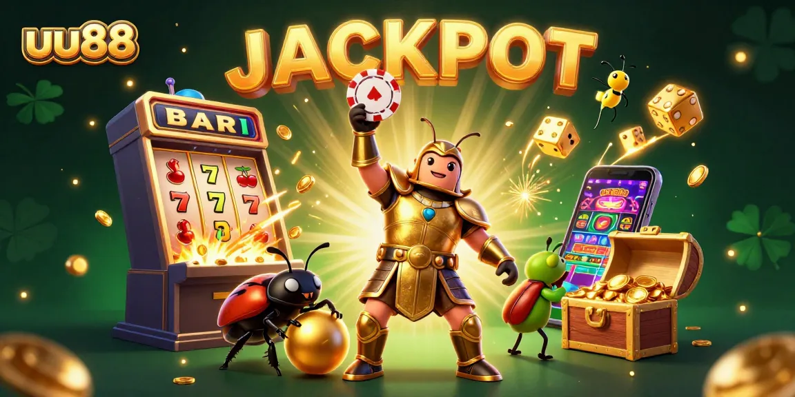 Experience the thrill of uu88 with a victorious hercules beetle in a cosmic casino scene filled with jackpots and excitement.