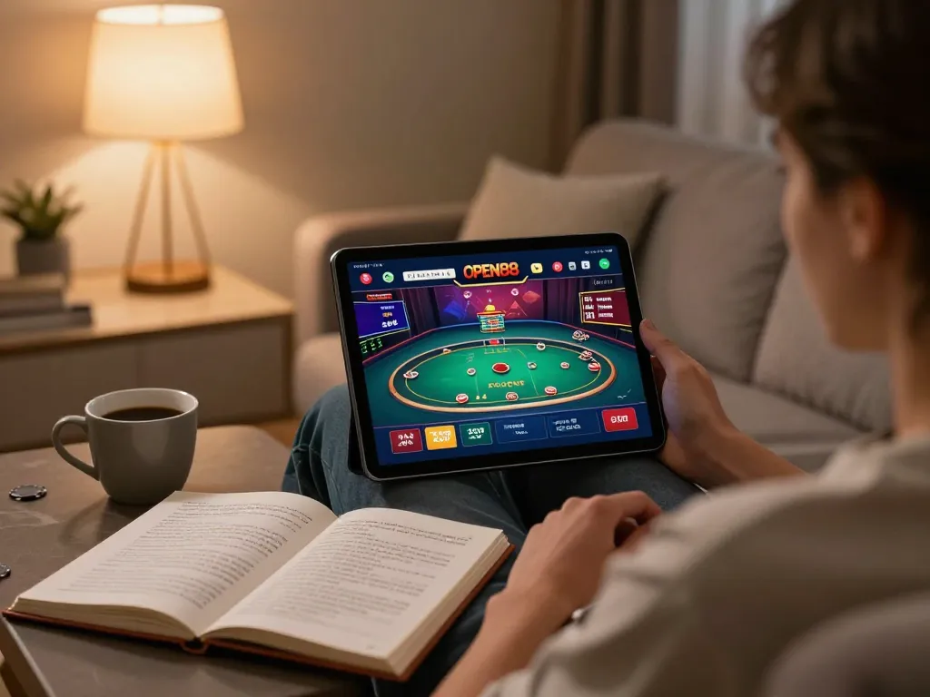 Engaging with the OPEN88 online casino app on a tablet in a cozy living room.