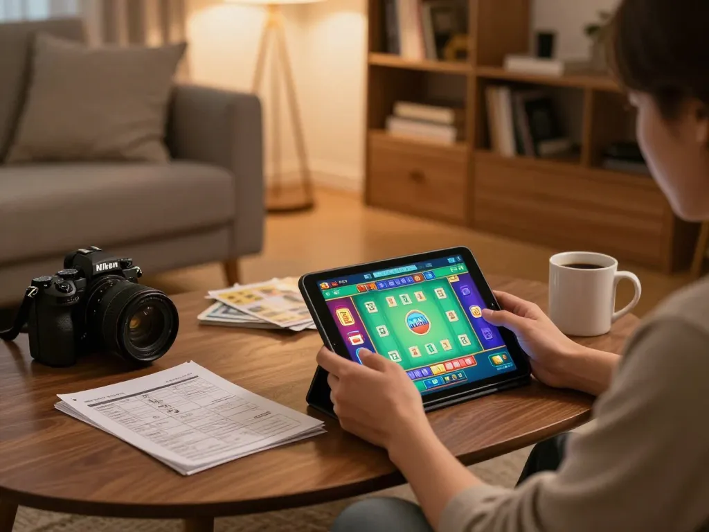 Engaging scene of a person enjoying tài xỉu online on a tablet at home, showcasing a cozy gaming environment.