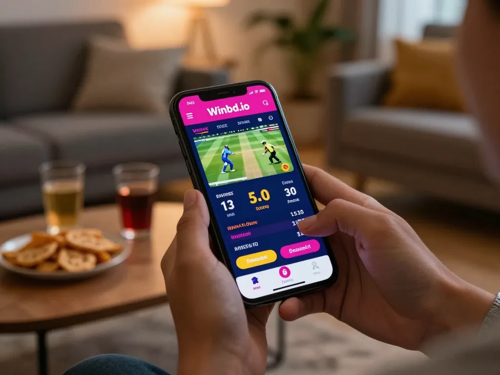 Engaging sports betting on the Winbd.io app shows cricket odds, cozy atmosphere at home.