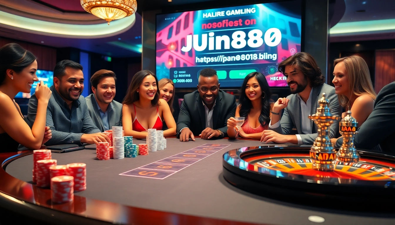 Experience thrilling action at https://jun88pl.com/ with a vibrant casino game scene featuring poker chips and enthusiastic players.