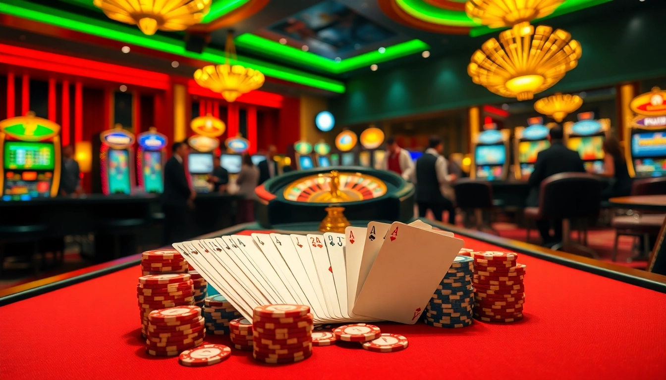 Experience thrilling gameplay at Tập đoàn okwin with vibrant casino games, chips, and roulette.