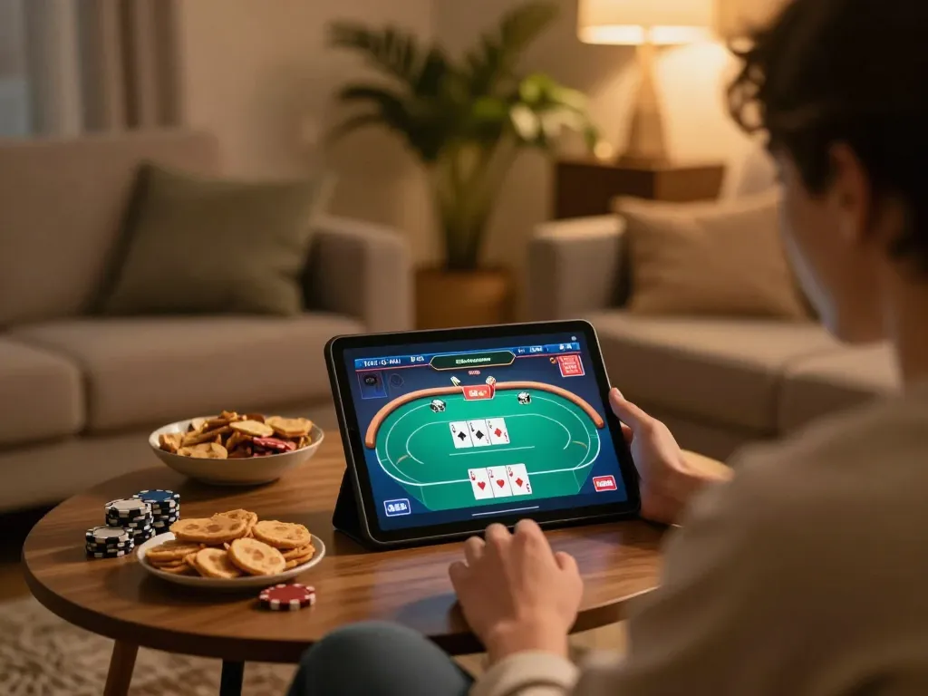 Enjoying a strategic poker game through trang chủ 79king on a tablet in a cozy home setting.