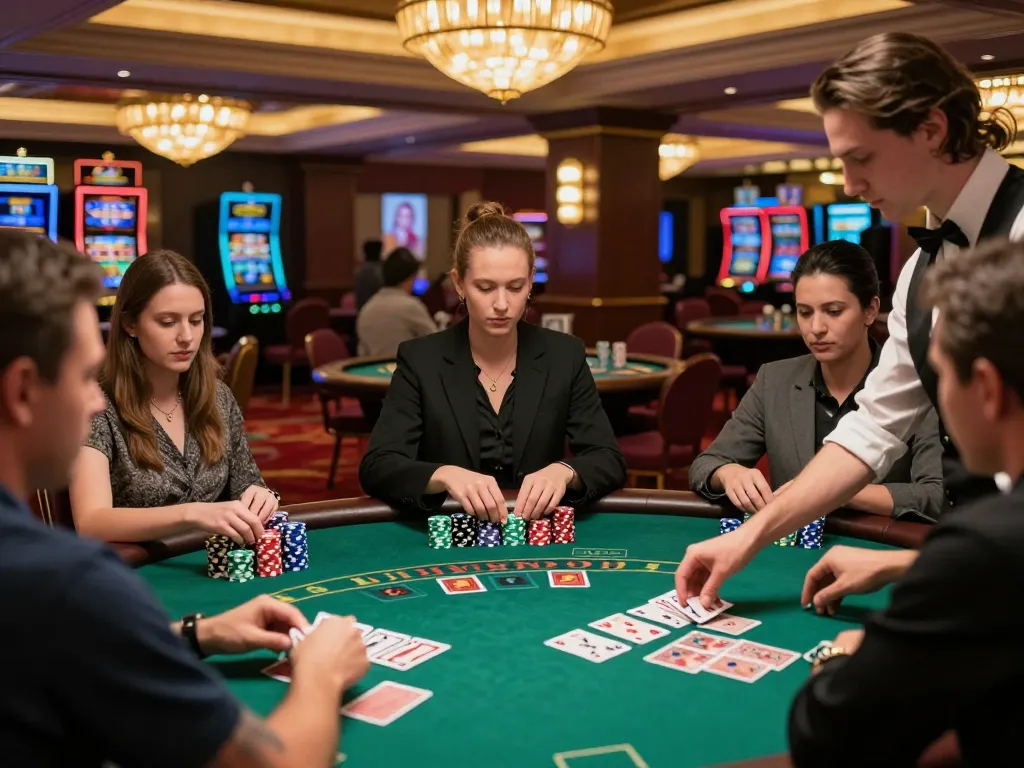 Players engaging in a thrilling blackjack game at xo888 casino table, showcasing focused gameplay and vibrant atmosphere