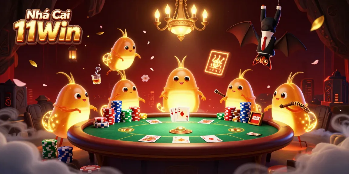 Engaging scene showcasing Nhà cái 11Win with vibrant glowworms, poker ambiance, and dynamic casino elements