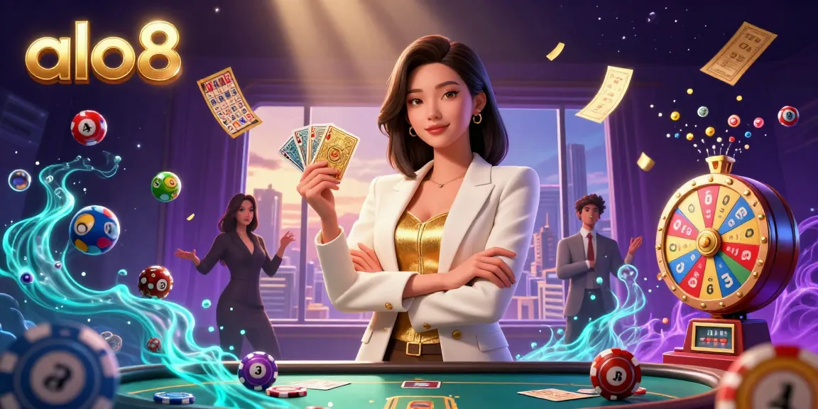 Alo8 promotes exciting gameplay with a glamorous Asian woman presenting golden cards amid colorful lottery elements.