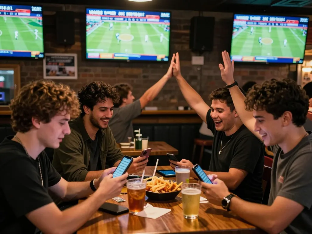 Fans engaging in sports betting excitement at a lively bar, keonhacai strategies visible on screens