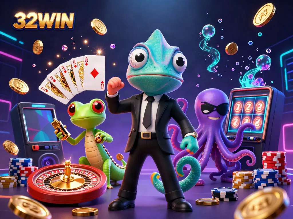 Experience thrilling gaming at 32WIN's casino with vibrant characters amidst cascading treasures.