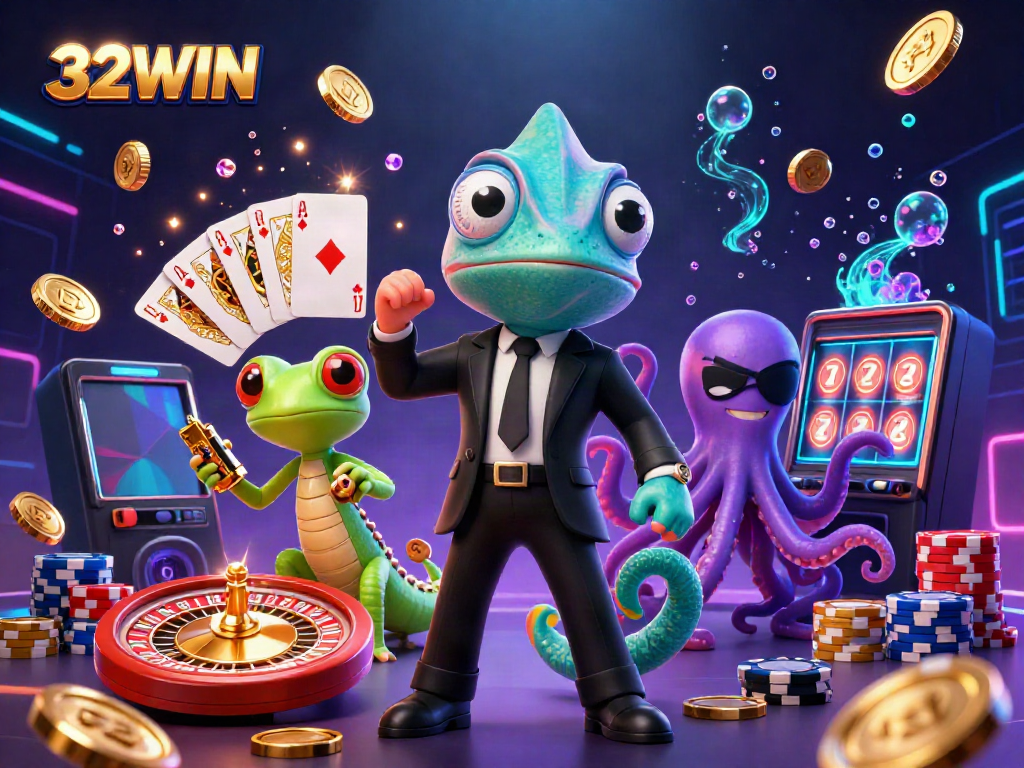 Experience thrilling gaming at 32WIN's casino with vibrant characters amidst cascading treasures.