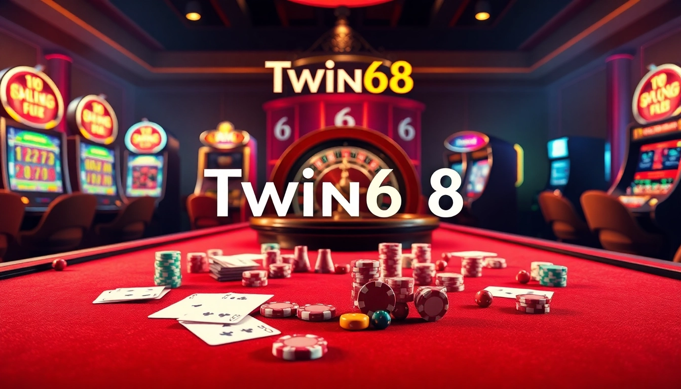 Engaging scene of Twin68 club with vibrant casino tables, poker chips, and slot machines.