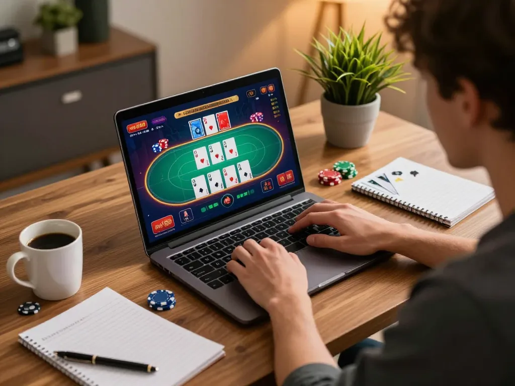 Player engaged in nk888 online poker game at home, laptop showing virtual cards and chips.