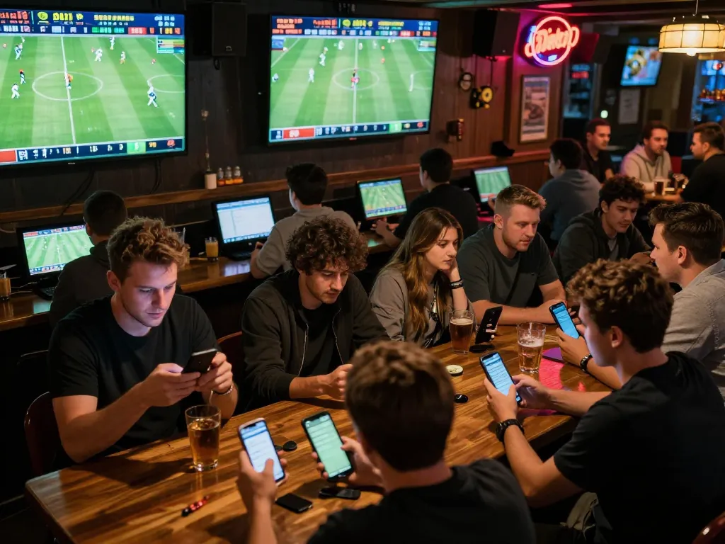 betting on live football matches at keobongda, showing screens with dynamic odds and enthusiastic bettors
