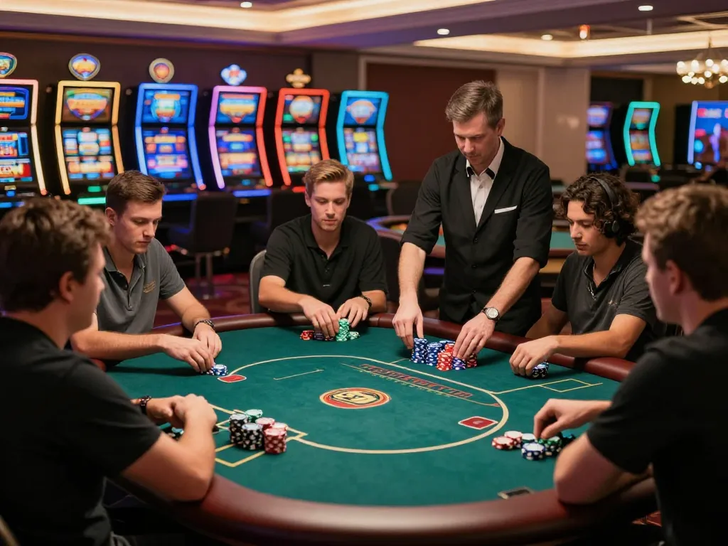 Players engage in strategic poker gameplay at Rikvip's live casino, surrounded by vibrant atmosphere and excitement.