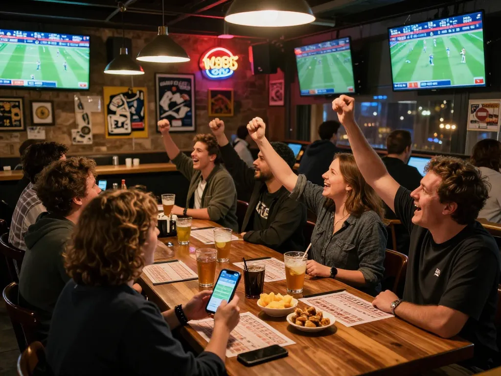 ok365vvip bettors passionately engaging in live sports at a dynamic bar scene
