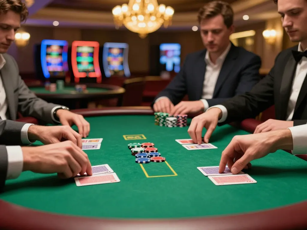 Players engaging in strategic poker play at 77bet casino table.