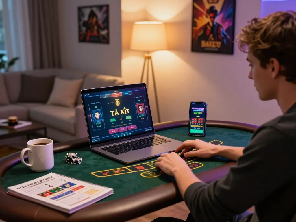 Tài Xỉu gameplay on a laptop at home, showcasing a stylish gaming setup.