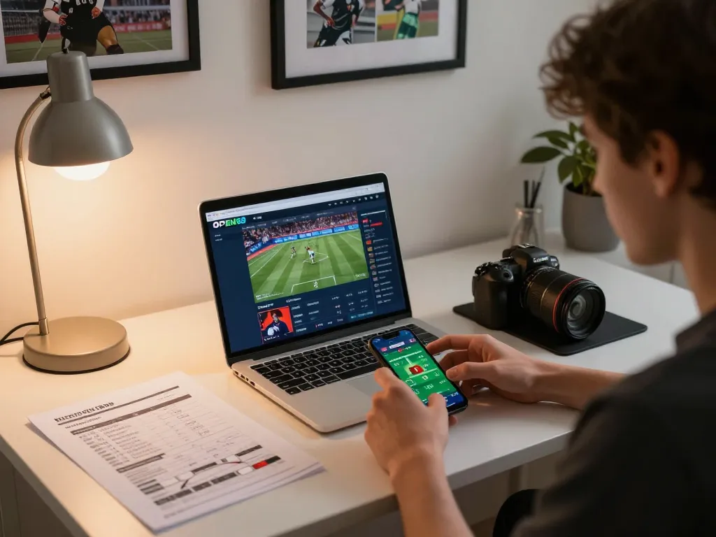 Engaging in sports betting on OPEN88 platform displayed on laptop, warm home setting.