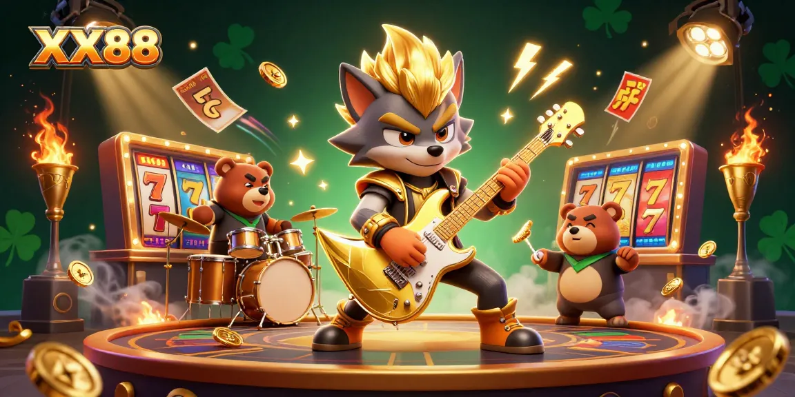 Win big at XX88 with dynamic slot games featuring rock star wolf and vibrant casino elements.