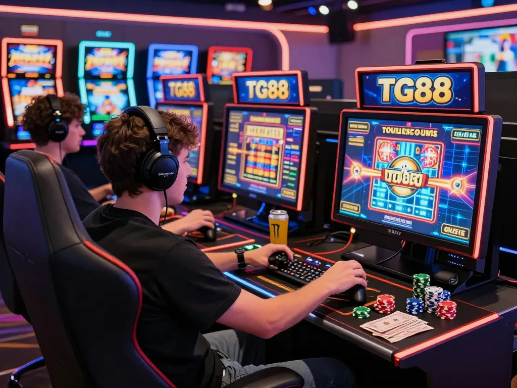 Player enjoying an exciting slot game at TG88 online casino, surrounded by high-tech gaming equipment and vibrant LED lights.