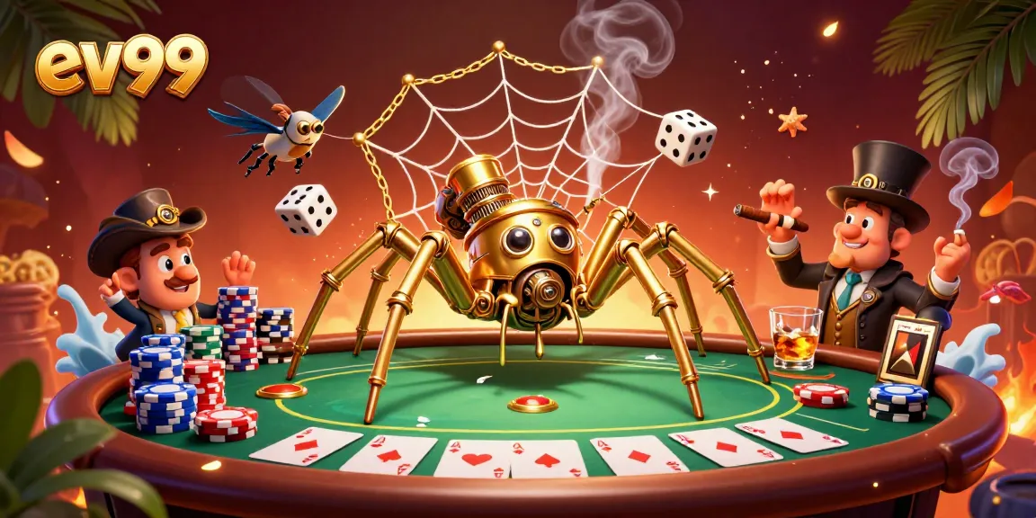 Engage with ev99's thrilling gambling scene featuring vibrant poker elements and a whimsical steampunk design.