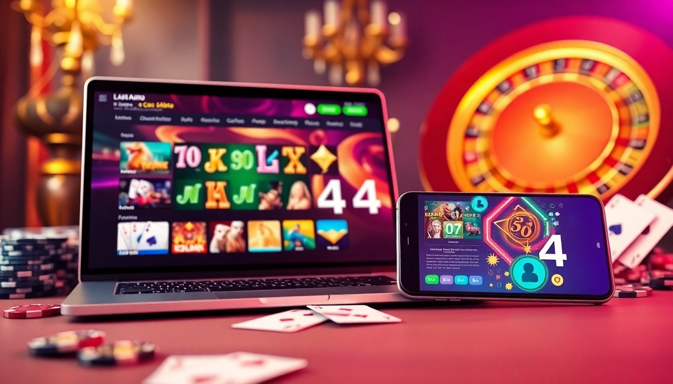 L444 offers a professional online gaming experience with vibrant casino visuals, including poker chips and slot games.