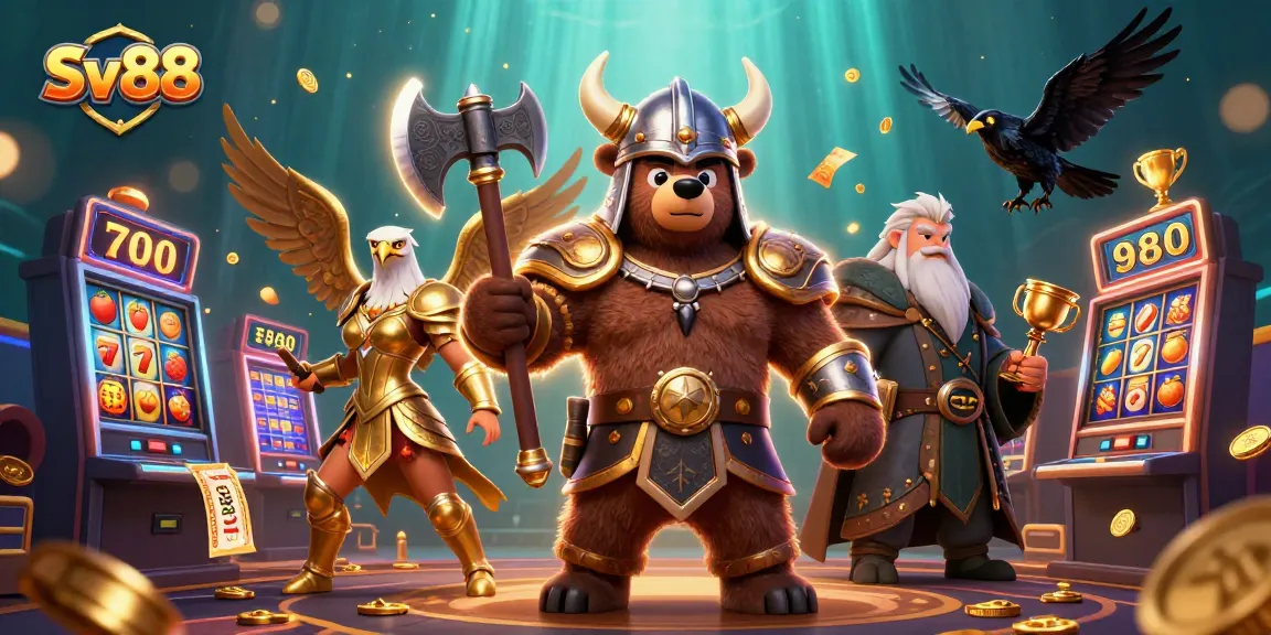 Spin to win with Sv88 in an action-packed casino adventure featuring slot elements and vibrant characters.