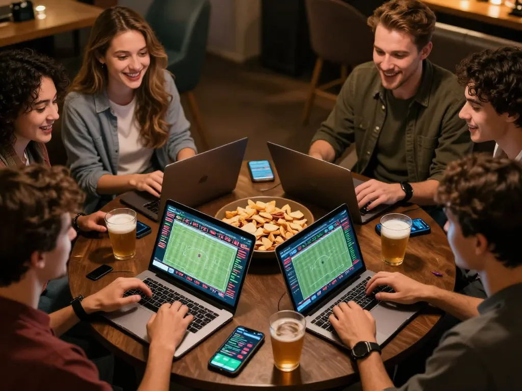 Friends placing sport bets using gi8 on smartphones in a cozy, engaging environment.