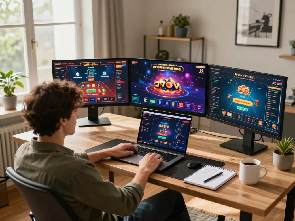 Person engaging with trang chủ cm88 on a laptop, showcasing dynamic online gaming experience with multiple screens.
