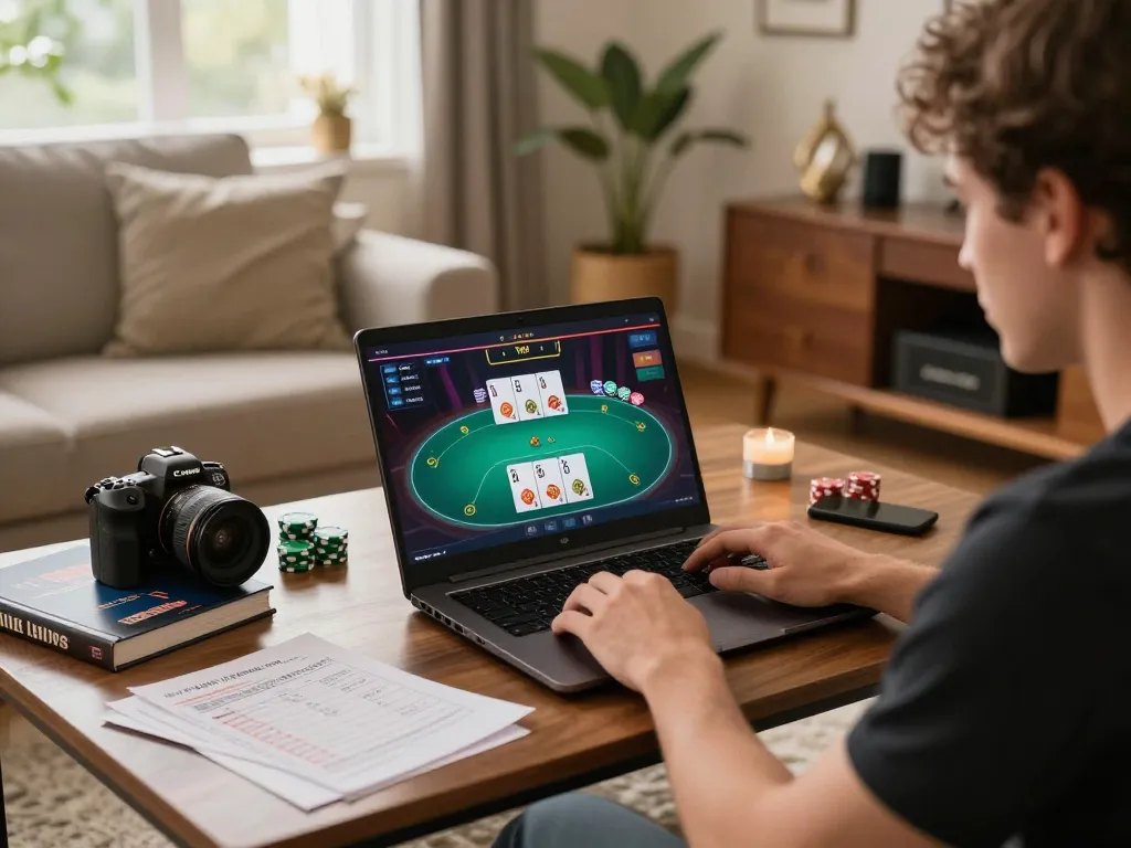 Engaging with online gambling at home on a laptop showcasing 88CLUB poker game strategy.