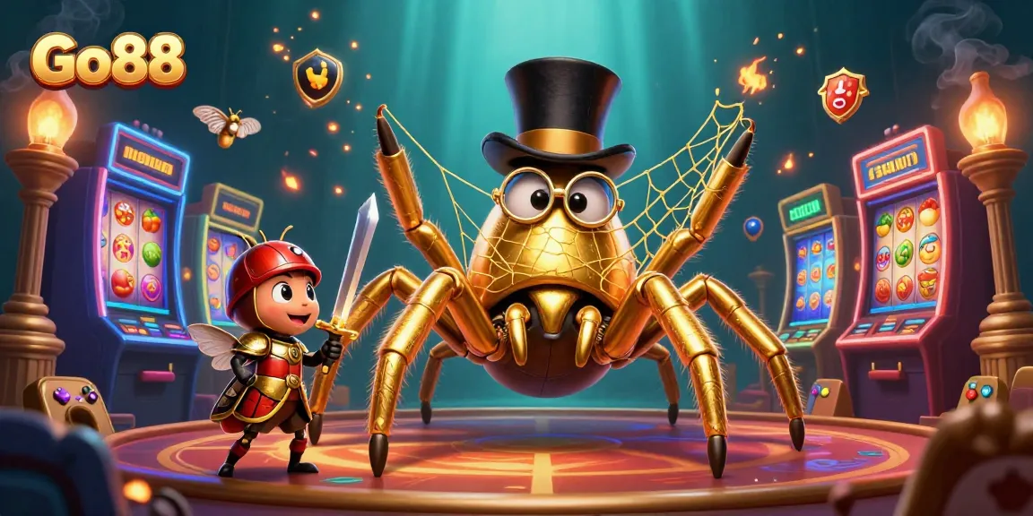 Go88 showcases an extravagant casino world with a golden tarantula and beetle knight amidst vibrant slot machines.