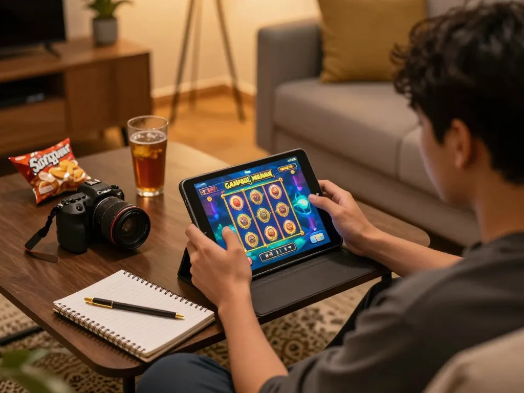 Bermain slot gacor gampang menang yang hidup di tablet dengan suasana rumah yang nyaman dan atmosfer yang menarik.