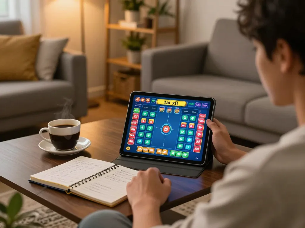 Player engaged in tài xỉu online gaming, analyzing strategies with a warm home backdrop.