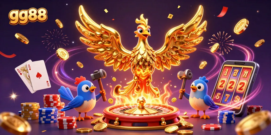 Experience the thrill of gg88 with a stunning 3D illustration showcasing a molten golden phoenix, casino elements, and dynamic gaming action.
