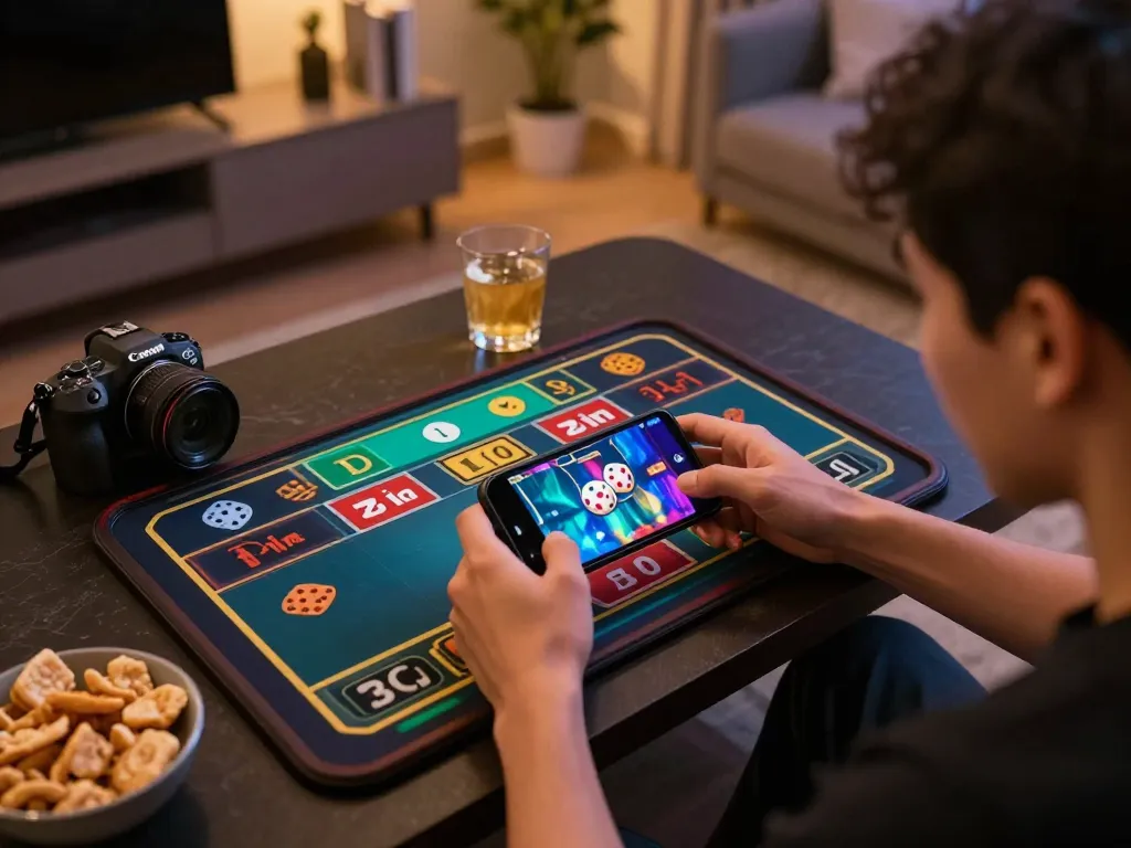 Engaging session of tài xỉu online as a player places bets on their smartphone at home, showcasing excitement.