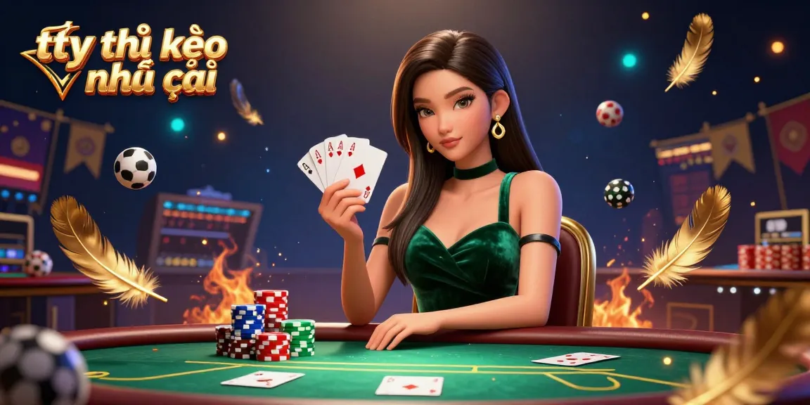 Engage with tỷ lệ kèo nhà cái through a dynamic sports betting scene featuring an Asian woman at a poker table.