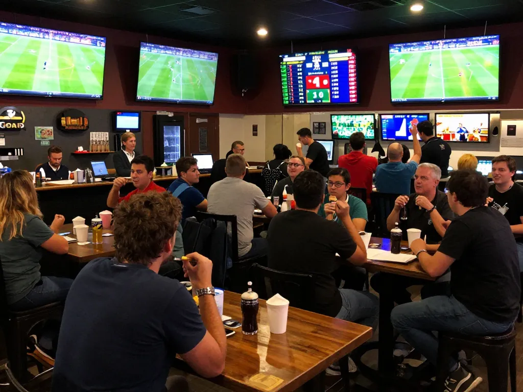 Fans celebrating Kết quả bóng đá in a live sports betting bar with multiple screens displaying live sports events