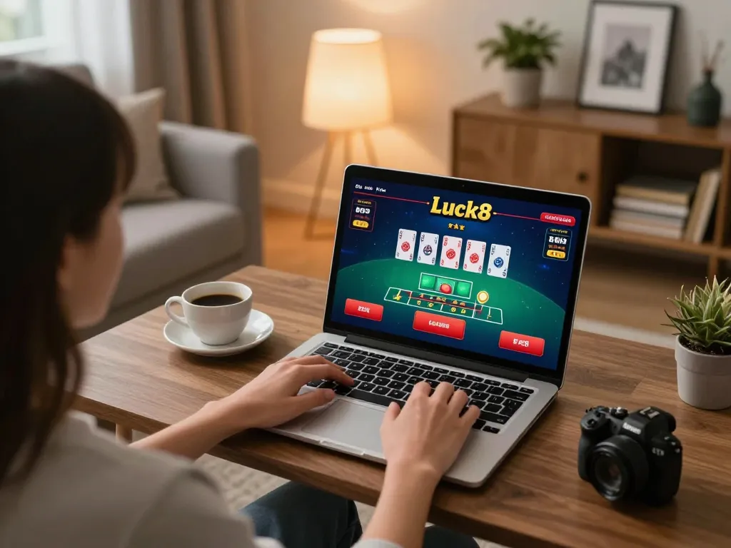 Luck8 user strategizing during online blackjack session in a cozy living room.